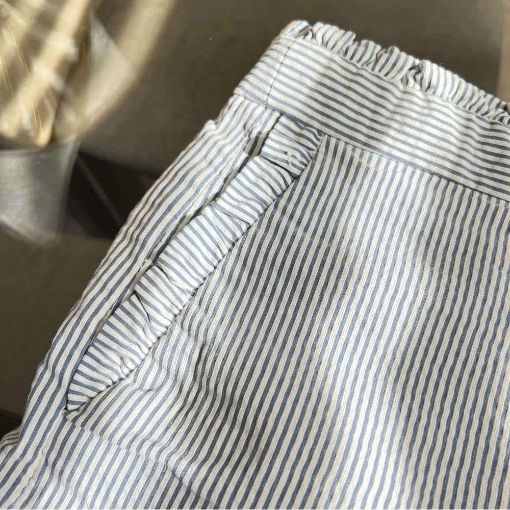 J. Crew High-Waisted Ruffled Seereucker Shorts - Raised Textured Blue Stripes